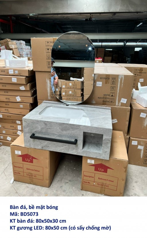 Combo bàn đá xám vân mây 1 hộc - 1 treo khăn, lavabo liền khối