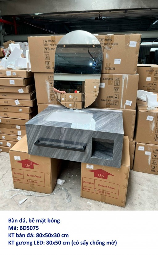 Combo bàn đá xám vân đá 1 hộc - 1 treo khăn lavabo liền khối