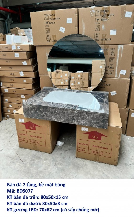 Combo bàn đá 2 tầng, lavabo liền khối vân đá, bề mặt bóng
