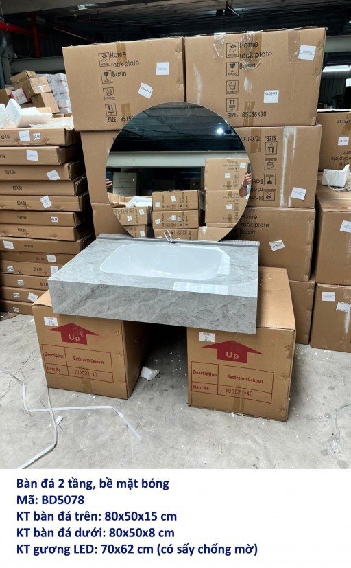 Combo bàn đá 2 tầng, lavabo liền khối xám vân mây, bề mặt bóng
