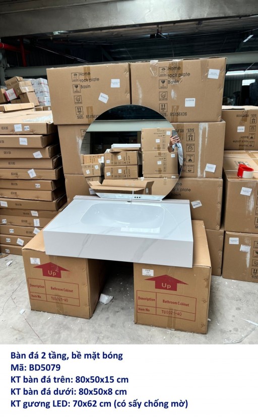 Combo bàn đá 2 tầng, lavabo liền khối trắng vân mây, bề mặt bóng