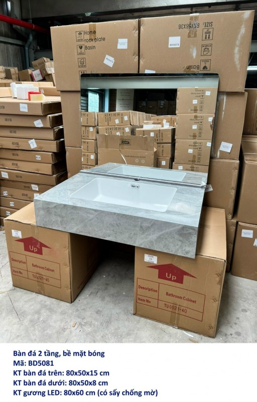 Combo bàn đá 2 tầng, lavabo liền khối xám vân mây, bề mặt bóng